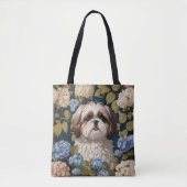 Schattigee Shih Tzu Puppy Blauwe hortensia bloemen Tote Bag (Voorkant)