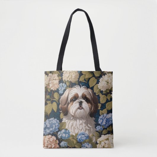 Schattigee Shih Tzu Puppy Blauwe hortensia bloemen Tote Bag (Voorkant)