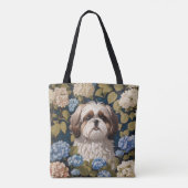 Schattigee Shih Tzu Puppy Blauwe hortensia bloemen Tote Bag (Achterkant)