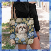 Schattigee Shih Tzu Puppy Blauwe hortensia bloemen Tote Bag