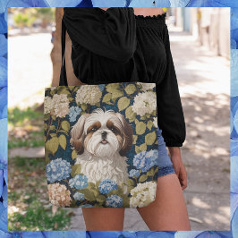 Schattigee Shih Tzu Puppy Blauwe hortensia bloemen Tote Bag