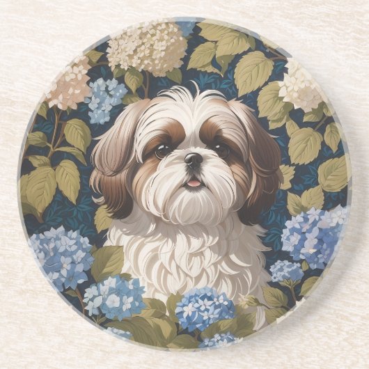 Schattigee Shih Tzu Puppy Blauwe hortensia bloemen Zandsteen Onderzetter (Voorkant)