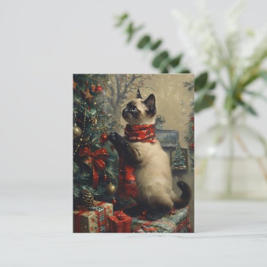Schattigee Siamese kat kerst Vintage Briefkaart (Staand voorkant)