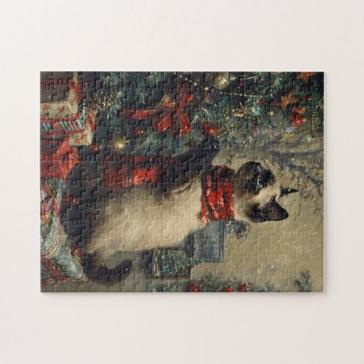 Schattigee Siamese kat kerst Vintage Legpuzzel (Horizontaal)