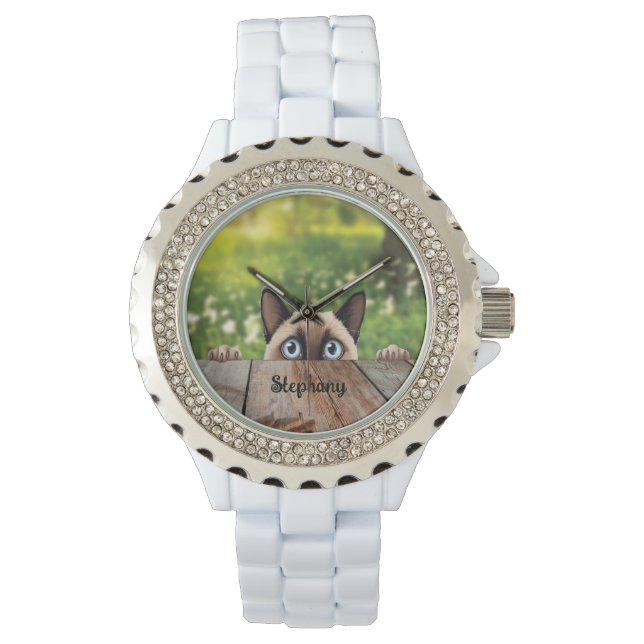 Schattigee Siamese Peeking Cat Horloge (Voorkant)