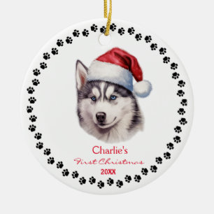 Schattigee Siberische Husky Dog Santa Hat Paw Cust Keramisch Ornament