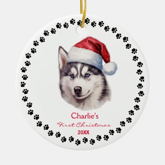 Schattigee Siberische Husky Dog Santa Hat Paw Cust Keramisch Ornament (Voorkant)