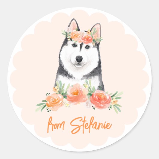 Schattigee Siberische Husky en perzikbloemen Verja Ronde Sticker (Voorkant)