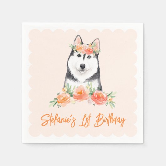 Schattigee Siberische Husky en perzikbloemen Verja Servet (Voorkant)