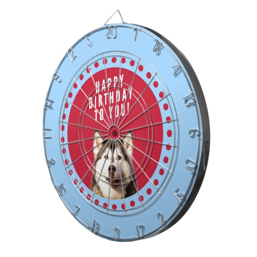 Schattigee Siberische Husky Happy Birthday blauw r Dartbord (Voorkant Rechts)