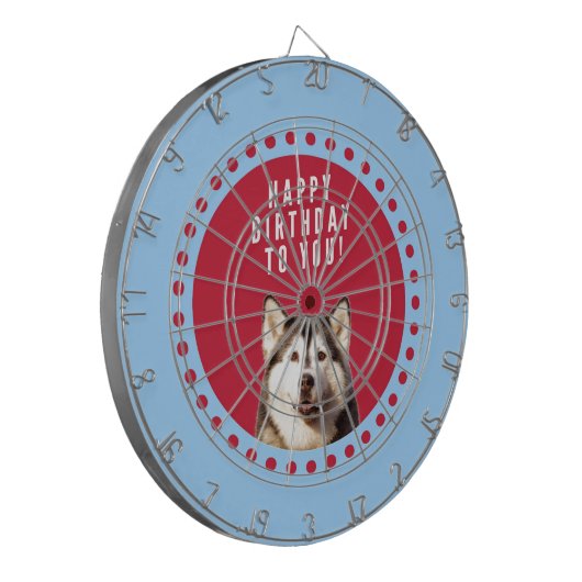 Schattigee Siberische Husky Happy Birthday blauw r Dartbord (Voorkant Links)
