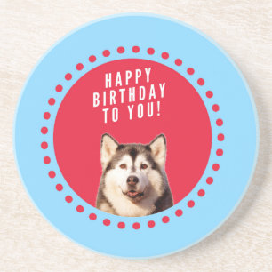 Schattigee Siberische Husky Happy Birthday blauw r Zandsteen Onderzetter