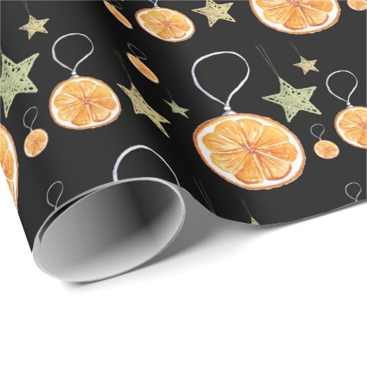 Schattigee Sinaasappels en sterren op zwarte vakan Cadeaupapier (Rol Hoek)