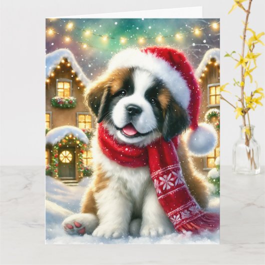 Schattigee Sint-Bernardpuppy in kerstdorp Kaart (Gele Bloem)