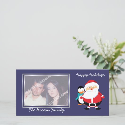 Schattigee Sinterklaas en Pinguïn in de winter fot Feestdagenkaart (Staand voorkant)