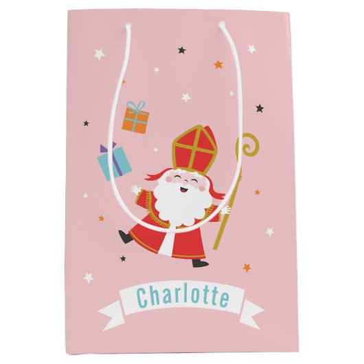 Schattigee Sinterklaas met naam en cadeaus Medium Cadeauzakje (Voorkant)