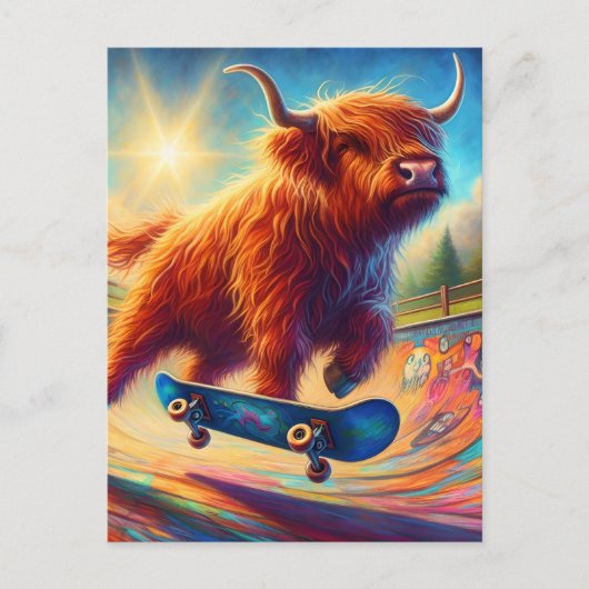 Schattigee Skateboarding Highland Koe Briefkaart (Voorkant)