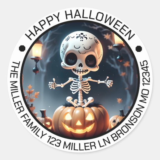Schattigee Skelet en Pompoenen Envelop Seal Ronde Sticker (Voorkant)