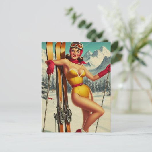 Schattigee  Ski Pin Up Briefkaart (Staand voorkant)