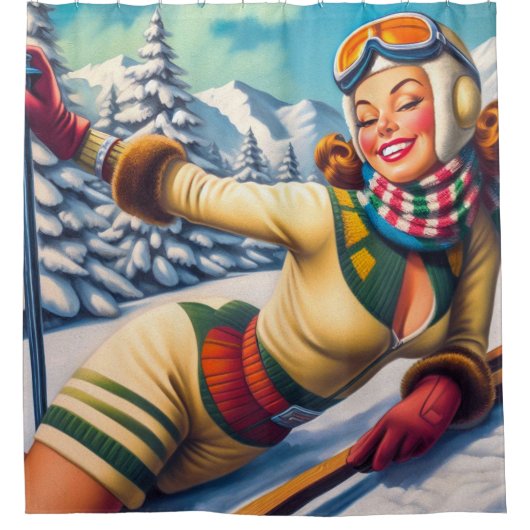 Schattigee Ski Pin-Up Douchegordijn (Voorkant)