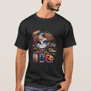 Schattigee Skulls Girl Herfst Vibes voor Vrouwen M T-shirt