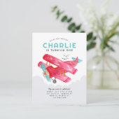 Schattigee Sky Cloud Waterverf Rode Vliegtuig Verj Briefkaart (Staand voorkant)