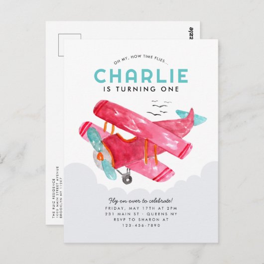 Schattigee Sky Cloud Waterverf Rode Vliegtuig Verj Briefkaart (Voorkant / Achterkant)