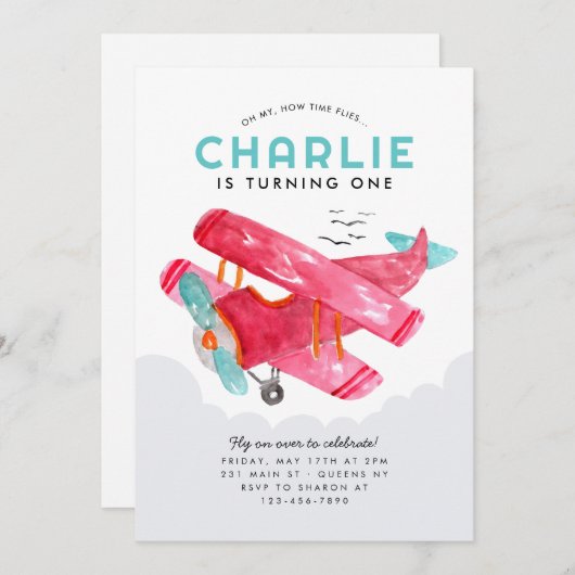 Schattigee Sky Cloud Waterverf Rode Vliegtuig Verj Kaart (Voorkant / Achterkant)