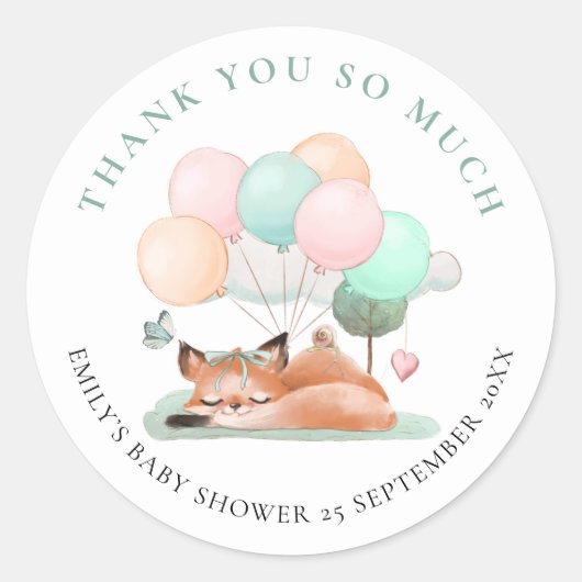 Schattigee slaapvos dank u Blauwgroen Baby shower Ronde Sticker (Voorkant)