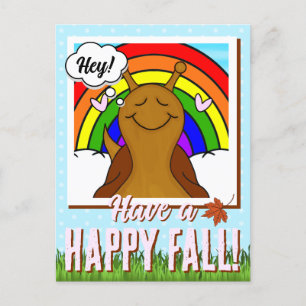 Schattigee slak met regenboog en blad Herfst   Briefkaart