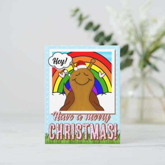 Schattigee slak met regenboog vrolijk kerstfeest | feestdagenkaart (Staand voorkant)