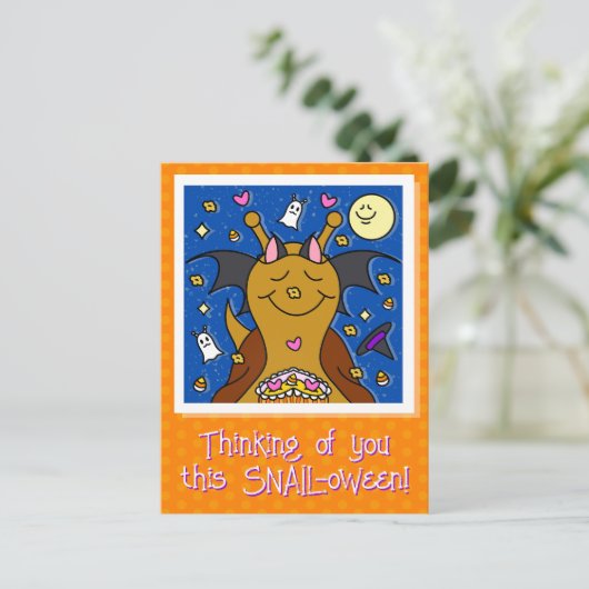 Schattigee slak met vleermuisvleugels Happy Hallow Feestdagenkaart (Staand voorkant)
