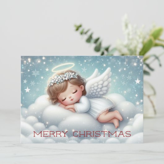 Schattigee slapende baby angel feestdagenkaart (Staand voorkant)