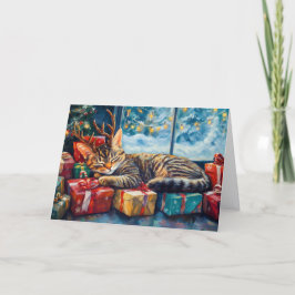 Schattigee slapende kat onder de kerstboom feestdagen kaart