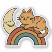 Schattigee slapende kat op regenboog met maan sticker (Voorkant)
