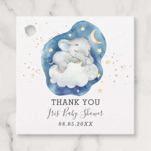 Schattigee slapende olifant sterren baby boy dank  bedankjes labels (Voorkant)