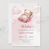 Schattigee slapende teddybeer in roze lucht en wol kaart (Voorkant)