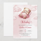 Schattigee slapende teddybeer in roze lucht en wol kaart (Voorkant / Achterkant)