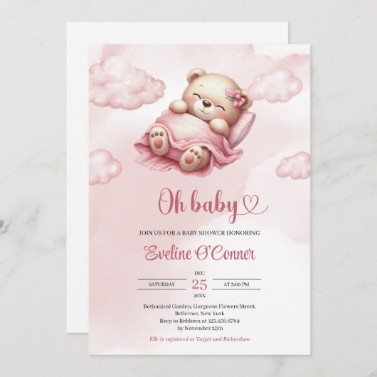 Schattigee slapende teddybeer in roze lucht en wol kaart (Voorkant / Achterkant)