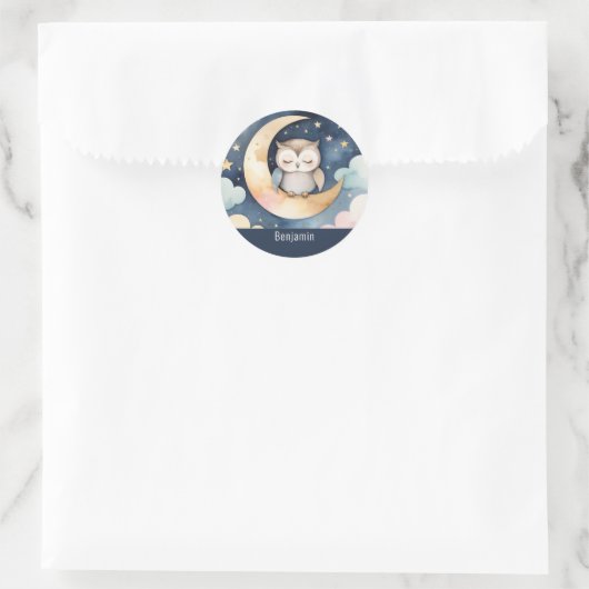 Schattigee slapende uil op de maan gepersonaliseer ronde sticker (Tas)