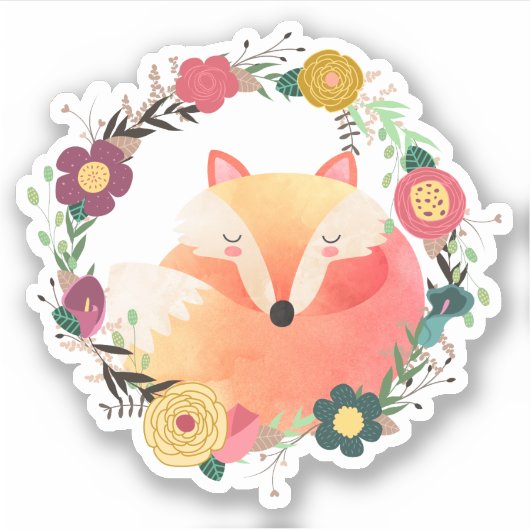 Schattigee slaperige vos in krans contour sticker (Voorkant)