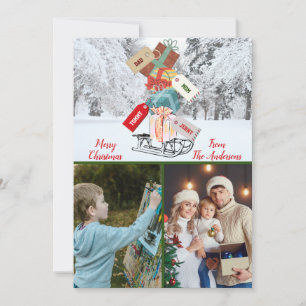 Schattigee Sled Winter Wonderland Familiefoto Kers Feestdagenkaart