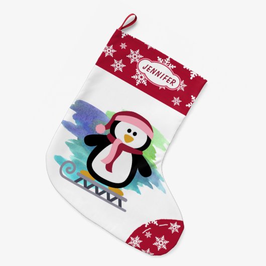 Schattigee slede pinguïn roze grote kerstsok (Voorkant (Hangend))