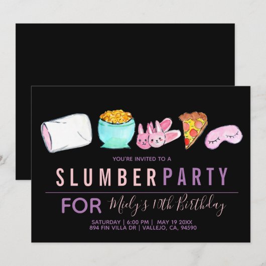 Schattigee sleepover verjaardagsfeestuitnodiging kaart (Voorkant / Achterkant)