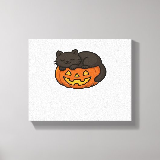 Schattigee Sleepy Black Cat op een pompoen Hallowe Canvas Afdruk (Voorkant)