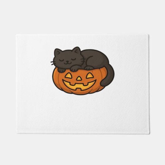 Schattigee Sleepy Black Cat op een pompoen Hallowe Deurmat (Voorkant)