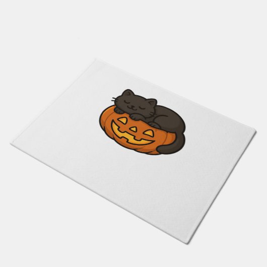 Schattigee Sleepy Black Cat op een pompoen Hallowe Deurmat (Schuin)
