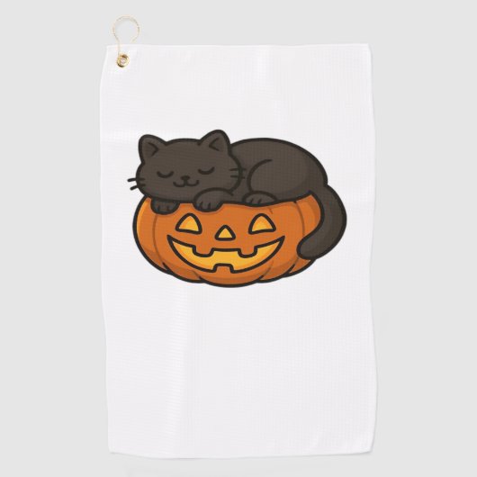 Schattigee Sleepy Black Cat op een pompoen Hallowe Golfhanddoek (Voorkant)