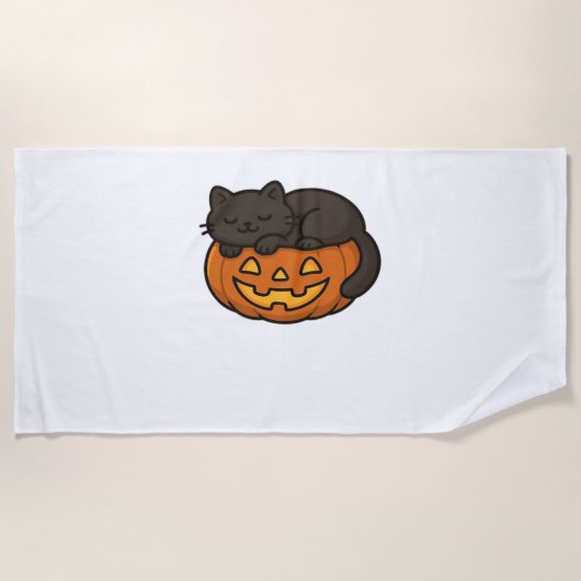 Schattigee Sleepy Black Cat op een pompoen Hallowe Strandlaken (Voorkant)