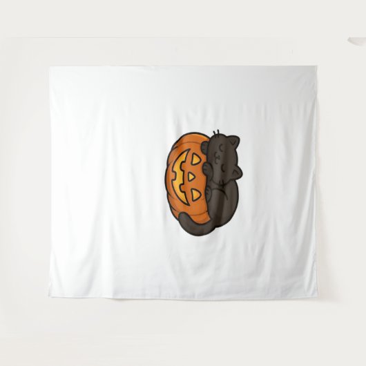 Schattigee Sleepy Black Cat op een pompoen Hallowe Wandkleed (Voorkant (horizontaal))